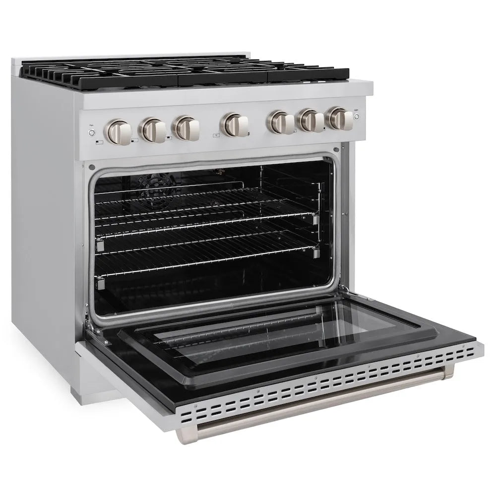 ZLINE 36 in. 5.2 cu. ft. Paramount Gas Range with 6 Burner Cooktop and Convection Gas Oven in Stainless Steel (SGR36) side, oven open.