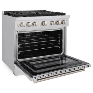 ZLINE 36 in. 5.2 cu. ft. Paramount Gas Range with 6 Burner Cooktop and Convection Gas Oven in Stainless Steel (SGR36) side, oven open.