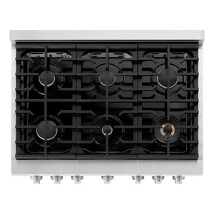 ZLINE 36 in. 5.2 cu. ft. Paramount Gas Range with 6 Burner Cooktop and Convection Gas Oven in Stainless Steel (SGR36) top-down, above cooktop.