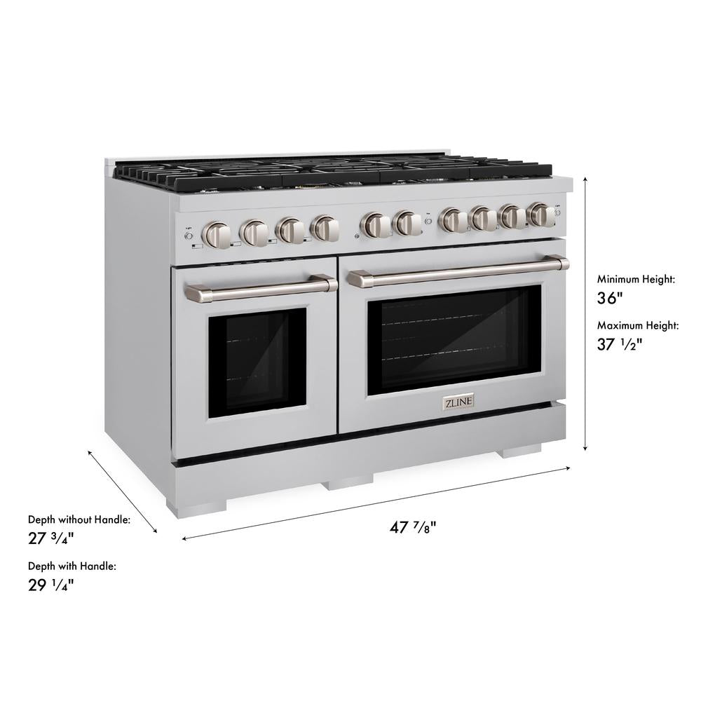 ZLINE 48 in. 6.7 cu. ft. Paramount Double Oven Gas Range with 8 Burner Cooktop in Stainless Steel (SGR48) dimensional diagram.