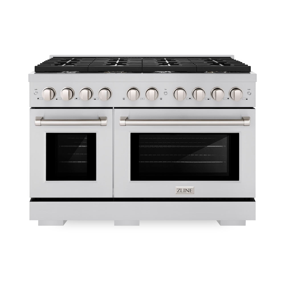 ZLINE 48 in. 6.7 cu. ft. Paramount Double Oven Gas Range with 8 Burner Cooktop in Stainless Steel (SGR48) front.