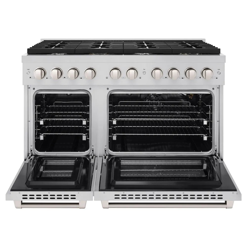 ZLINE 48 in. 6.7 cu. ft. Paramount Double Oven Gas Range with 8 Burner Cooktop in Stainless Steel (SGR48) front, open.