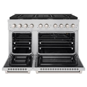 ZLINE 48 in. 6.7 cu. ft. Paramount Double Oven Gas Range with 8 Burner Cooktop in Stainless Steel (SGR48) front, open.