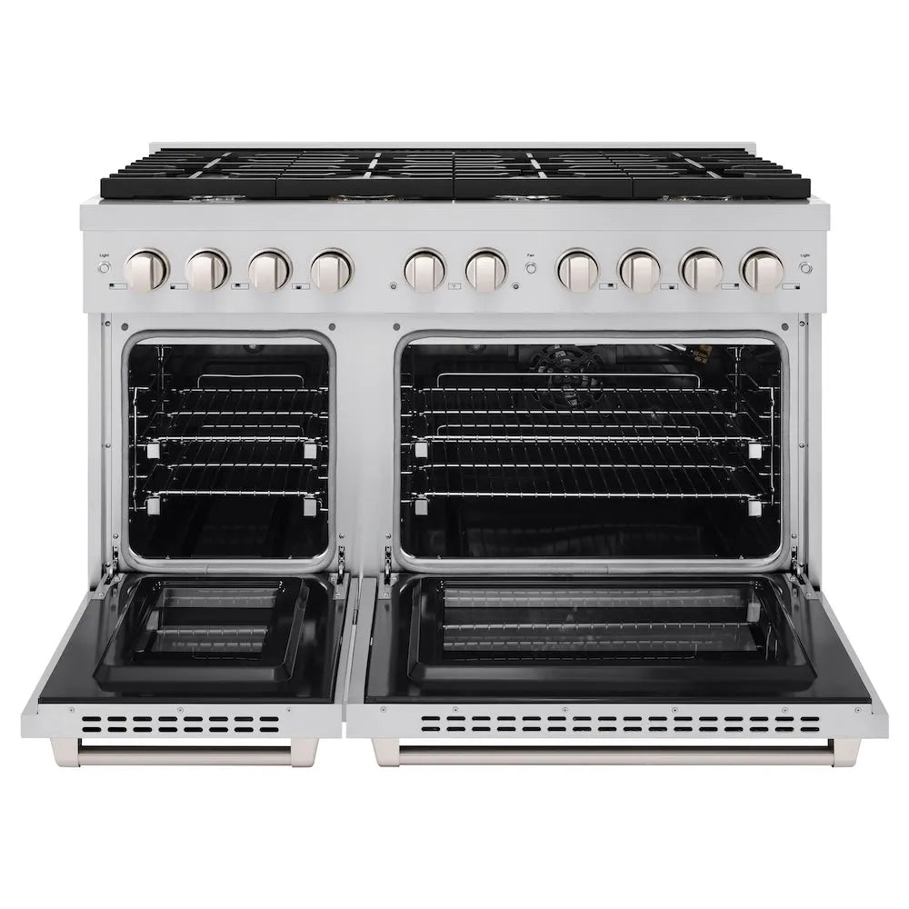 ZLINE 48 in. 6.7 cu. ft. Paramount Double Oven Gas Range with 8 Burner Cooktop in Stainless Steel (SGR48) front, oven open.