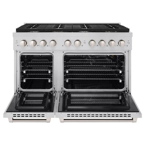 ZLINE 48 in. 6.7 cu. ft. Paramount Double Oven Gas Range with 8 Burner Cooktop in Stainless Steel (SGR48) front, oven open.