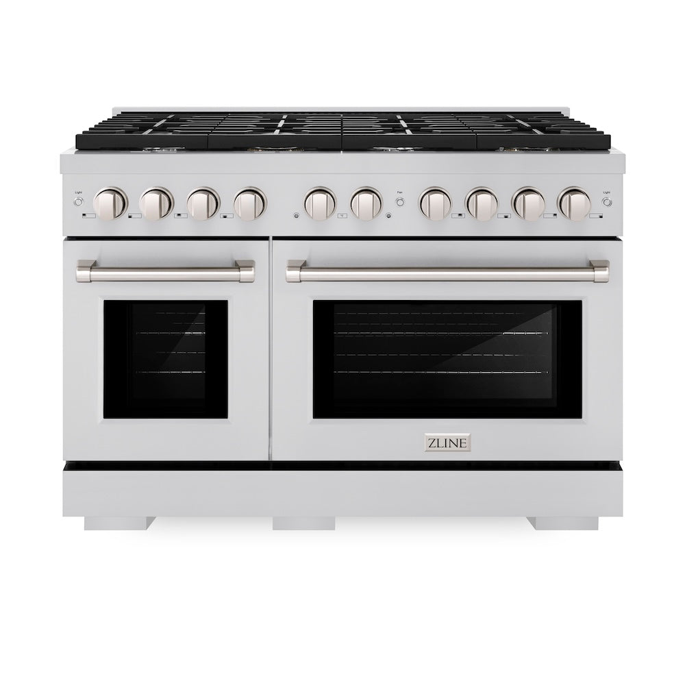 ZLINE 48 in. 6.7 cu. ft. Paramount Double Oven Gas Range with 8 Burner Cooktop in Stainless Steel (SGR48) front, oven closed.