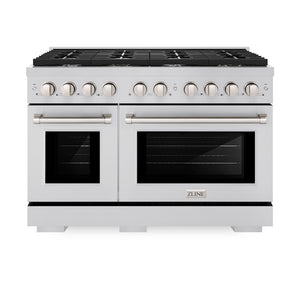 ZLINE 48 in. 6.7 cu. ft. Paramount Double Oven Gas Range with 8 Burner Cooktop in Stainless Steel (SGR48) front, oven closed.