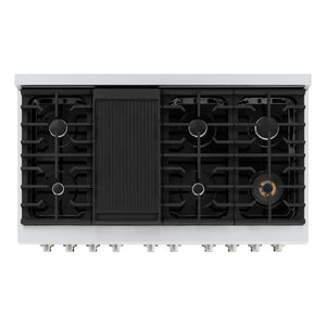 ZLINE 48 in. 6.7 cu. ft. Paramount Double Oven Gas Range with 8 Burner Cooktop in Stainless Steel (SGR48) top-down, above cooktop.