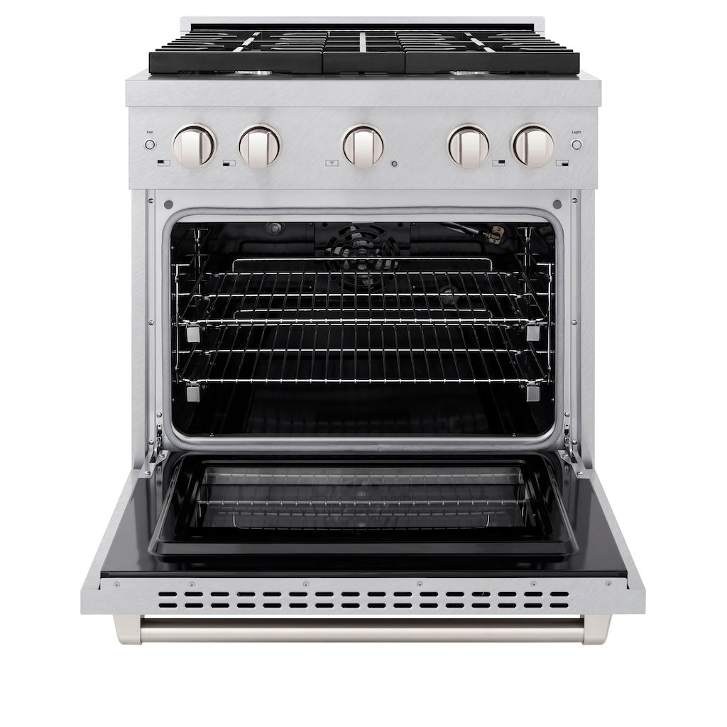 ZLINE 30 in. 4.2 cu. ft. 4 Burner Gas Range with Convection Gas Oven in DuraSnow® Stainless Steel (SGRS-30) front, oven open.