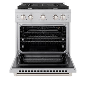 ZLINE 30 in. 4.2 cu. ft. 4 Burner Gas Range with Convection Gas Oven in DuraSnow® Stainless Steel (SGRS-30) front, oven open.