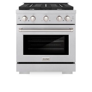 ZLINE 30 in. 4.2 cu. ft. 4 Burner Gas Range with Convection Gas Oven in DuraSnow® Stainless Steel (SGRS-30) front, oven closed.