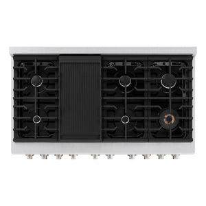 ZLINE 48 in. 6.7 cu. ft. 8 Burner Double Oven Gas Range in DuraSnow® Stainless Steel (SGRS-48) from above, showing gas burners, black porcelain cooktop, and cast-iron grates.