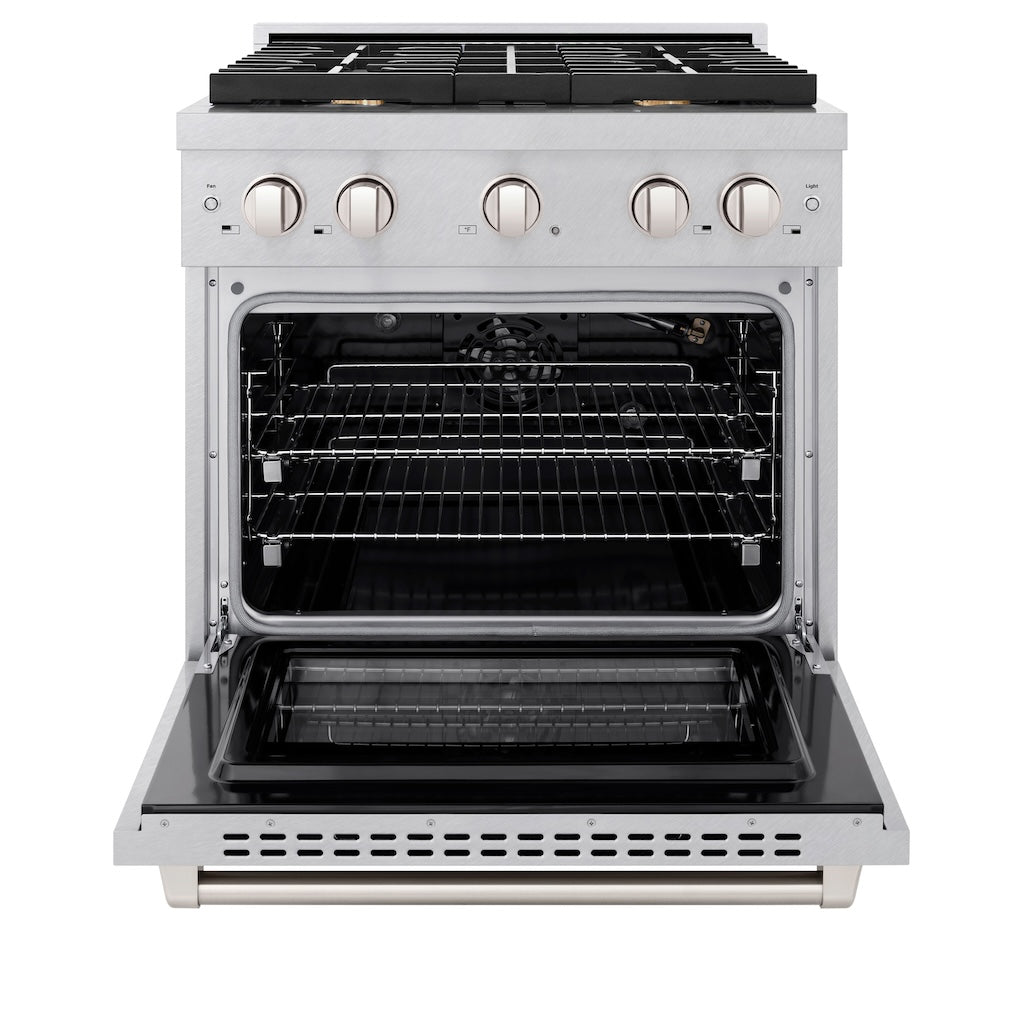 ZLINE 30 in. 4.2 cu. ft. Gas Range with Convection Gas Oven in DuraSnow® Stainless Steel with 4 Brass Burners (SGRS-BR-30) front, oven open.