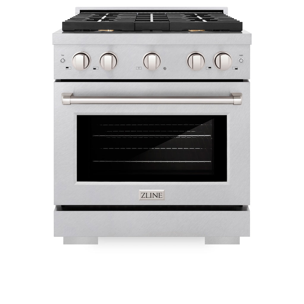 ZLINE 30 in. 4.2 cu. ft. Gas Range with Convection Gas Oven in DuraSnow® Stainless Steel with 4 Brass Burners (SGRS-BR-30) front, oven closed.