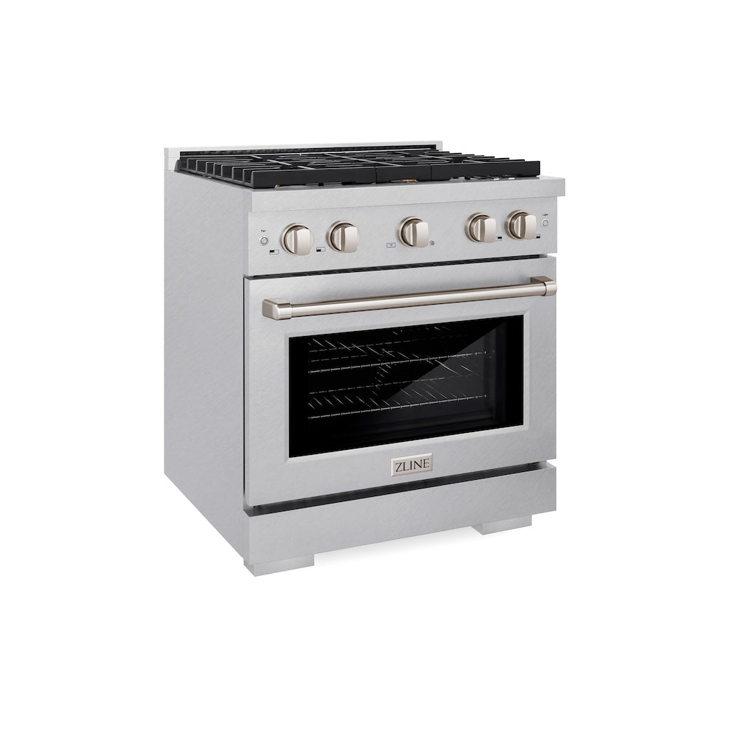 ZLINE 30 in. 4.2 cu. ft. Gas Range with Convection Gas Oven in DuraSnow® Stainless Steel with 4 Brass Burners (SGRS-BR-30) side, oven closed.