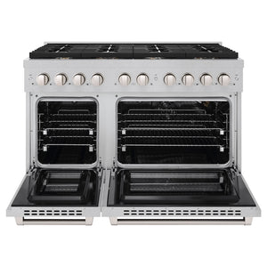 ZLINE 48 in. 6.7 cu. ft. Double Oven Gas Range in DuraSnow® Stainless Steel with 8 Brass Burners (SGRS-BR-48) front, with oven open.