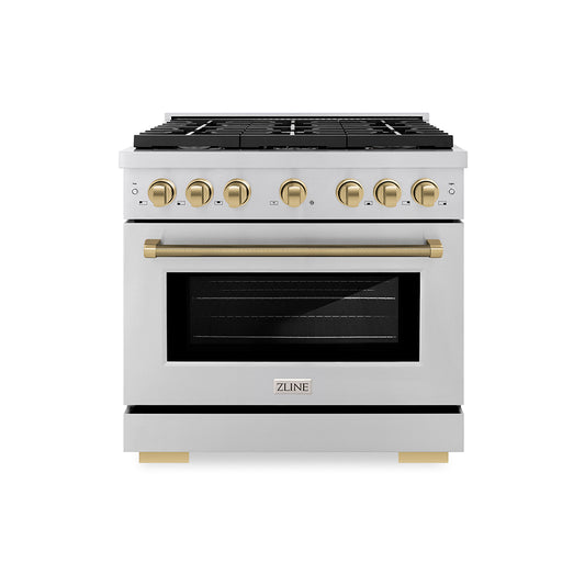 ZLINE Autograph Edition 36 in. 5.2 cu. ft. Paramount Gas Range with 6 Burner Cooktop and Convection Gas Oven in Stainless Steel with Champagne Bronze Helix Handle and Knob Accents (SGRZ-36-KCB)