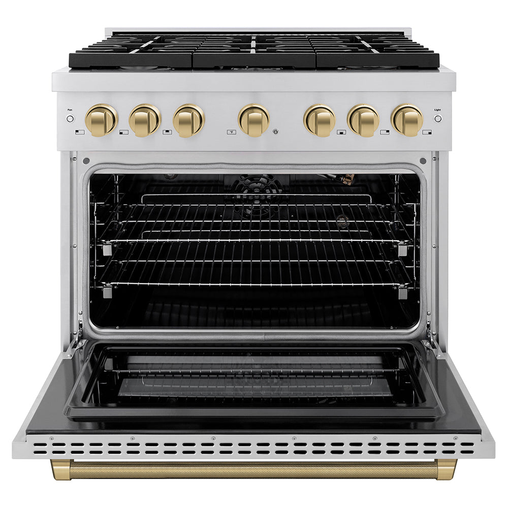 ZLINE Autograph Edition 36 in. 5.2 cu. ft. Paramount Gas Range with 6 Burner Cooktop and Convection Gas Oven in Stainless Steel with Champagne Bronze Helix Handle and Knob Accents (SGRZ-36-KCB) front, open.