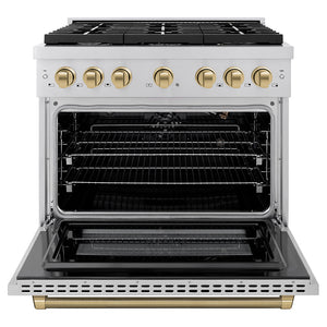 ZLINE Autograph Edition 36 in. 5.2 cu. ft. Paramount Gas Range with 6 Burner Cooktop and Convection Gas Oven in Stainless Steel with Champagne Bronze Helix Handle and Knob Accents (SGRZ-36-KCB) front, open.