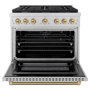 ZLINE Autograph Edition 36 in. 5.2 cu. ft. Paramount Gas Range with 6 Burner Cooktop and Convection Gas Oven in Stainless Steel with Champagne Bronze Helix Handle and Knob Accents (SGRZ-36-KCB) front, open.