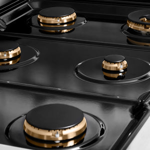 ZLINE Autograph Edition 36 in. 5.2 cu. ft. Paramount Gas Range with 6 Burner Cooktop and Convection Gas Oven in Stainless Steel with Champagne Bronze Helix Handle and Knob Accents (SGRZ-36-KCB) black porcelain cooktop and burners with no grates.