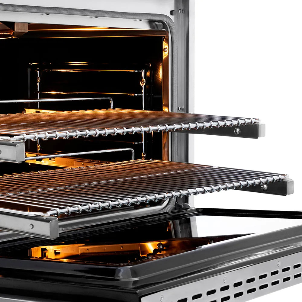 ZLINE Autograph Edition 36 in. 5.2 cu. ft. Paramount Gas Range with 6 Burner Cooktop and Convection Gas Oven in Stainless Steel with Champagne Bronze Helix Handle and Knob Accents (SGRZ-36-KCB) oven with racks and lights inside, showing interior details.