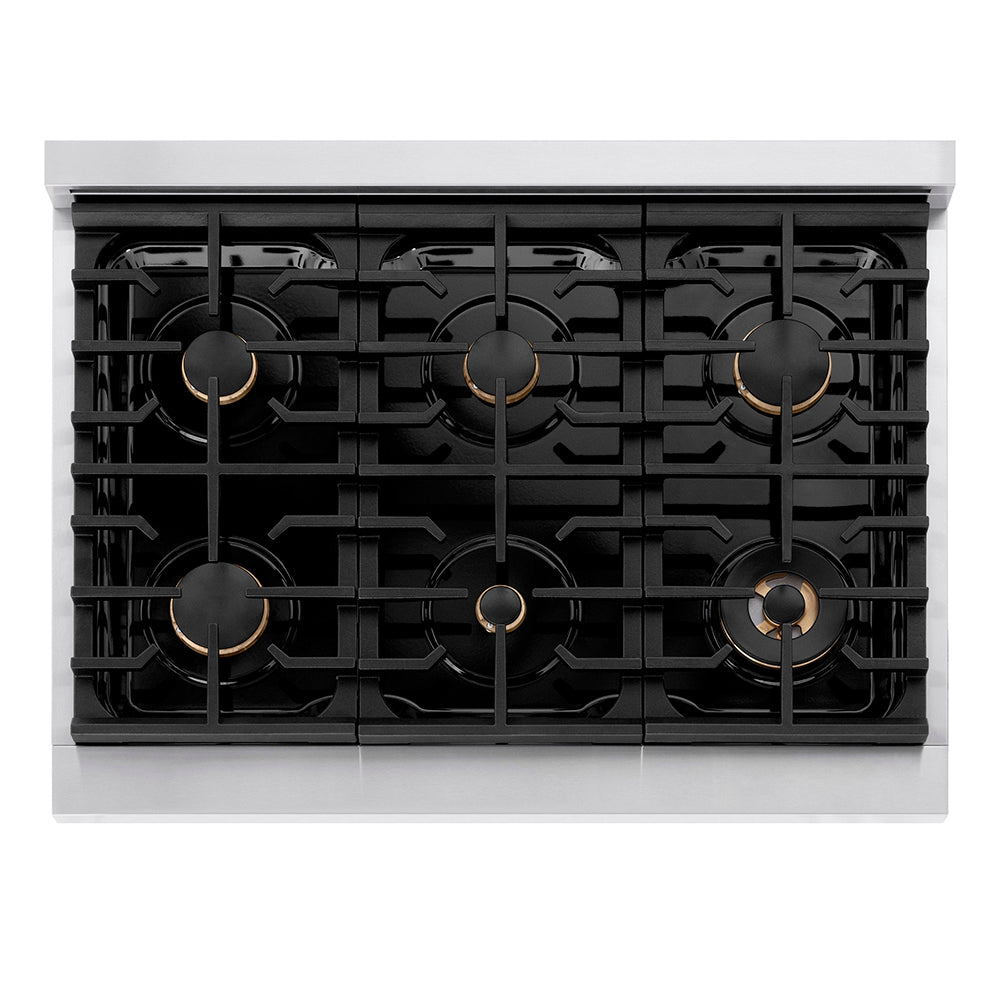 ZLINE Autograph Edition 36 in. 5.2 cu. ft. Paramount Gas Range with 6 Burner Cooktop and Convection Gas Oven in Stainless Steel with Champagne Bronze Helix Handle and Knob Accents (SGRZ-36-KCB) top-down, above cooktop.