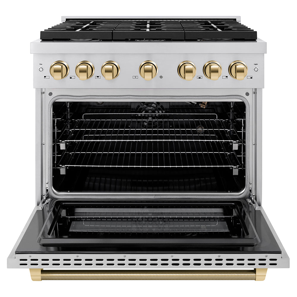 ZLINE Autograph Edition 36 in. 5.2 cu. ft. Paramount Gas Range with 6 Burner Cooktop and Convection Gas Oven in Stainless Steel with Polished Gold Helix Handle and Knob Accents (SGRZ-36-KG) front, open.