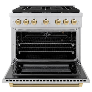 ZLINE Autograph Edition 36 in. 5.2 cu. ft. Paramount Gas Range with 6 Burner Cooktop and Convection Gas Oven in Stainless Steel with Polished Gold Helix Handle and Knob Accents (SGRZ-36-KG) front, open.