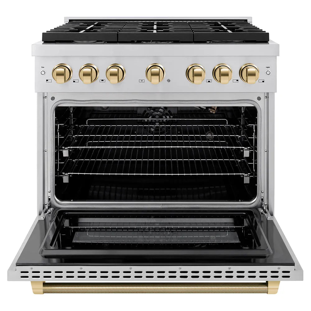 ZLINE Autograph Edition 36 in. 5.2 cu. ft. Paramount Gas Range with 6 Burner Cooktop and Convection Gas Oven in Stainless Steel with Polished Gold Helix Handle and Knob Accents (SGRZ-36-KG) front, open.