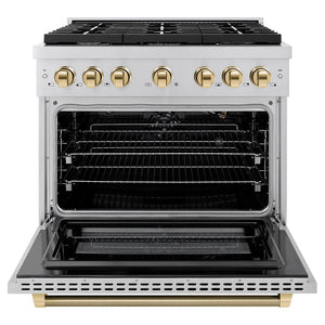 ZLINE Autograph Edition 36 in. 5.2 cu. ft. Paramount Gas Range with 6 Burner Cooktop and Convection Gas Oven in Stainless Steel with Polished Gold Helix Handle and Knob Accents (SGRZ-36-KG) front, open.