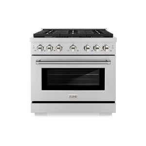 ZLINE Autograph Edition 36 in. 5.2 cu. ft. Paramount Gas Range with 6 Burner Cooktop and Convection Gas Oven in Stainless Steel with Polished Nickel Helix Handle and Knob Accents (SGRZ-36-KPN)