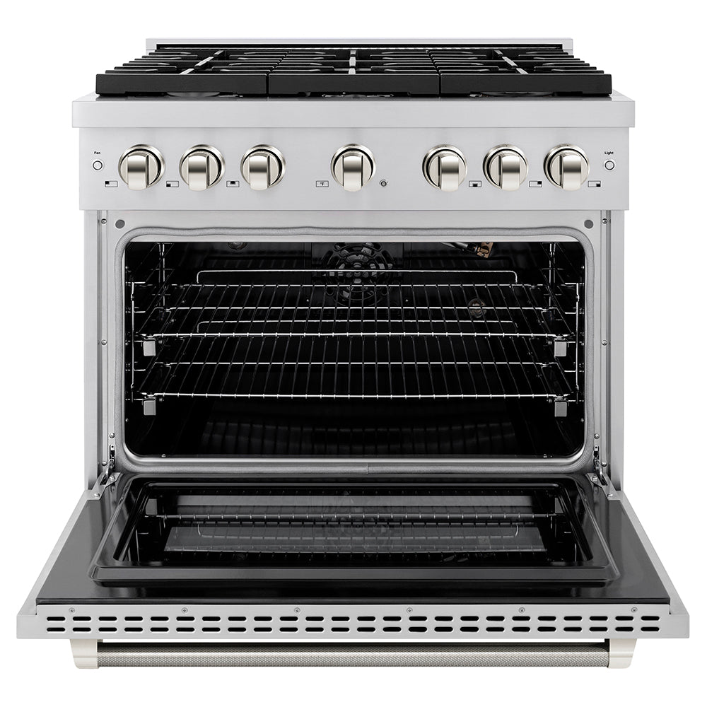 ZLINE Autograph Edition 36 in. 5.2 cu. ft. Paramount Gas Range with 6 Burner Cooktop and Convection Gas Oven in Stainless Steel with Polished Nickel Helix Handle and Knob Accents (SGRZ-36-KPN) front, open.