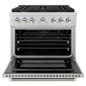 ZLINE Autograph Edition 36 in. 5.2 cu. ft. Paramount Gas Range with 6 Burner Cooktop and Convection Gas Oven in Stainless Steel with Polished Nickel Helix Handle and Knob Accents (SGRZ-36-KPN) front, open.