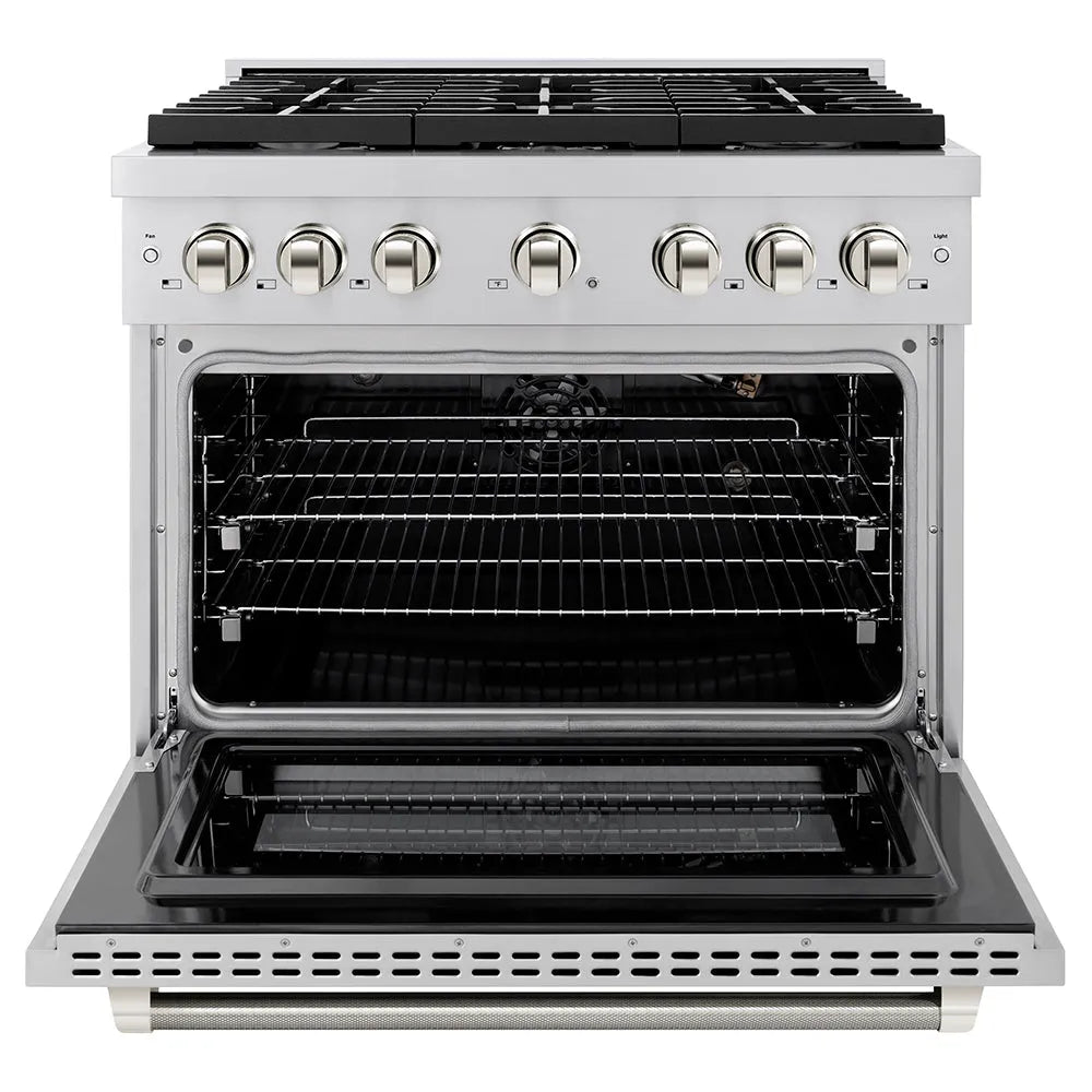 ZLINE Autograph Edition 36 in. 5.2 cu. ft. Paramount Gas Range with 6 Burner Cooktop and Convection Gas Oven in Stainless Steel with Polished Nickel Helix Handle and Knob Accents (SGRZ-36-KPN) front, open.