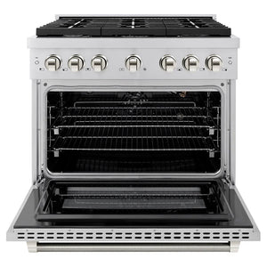 ZLINE Autograph Edition 36 in. 5.2 cu. ft. Paramount Gas Range with 6 Burner Cooktop and Convection Gas Oven in Stainless Steel with Polished Nickel Helix Handle and Knob Accents (SGRZ-36-KPN) front, open.