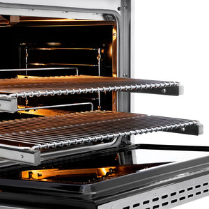 ZLINE Autograph Edition 36 in. 5.2 cu. ft. Paramount Gas Range with 6 Burner Cooktop and Convection Gas Oven in Stainless Steel with Polished Nickel Helix Handle and Knob Accents (SGRZ-36-KPN) oven with racks and lights inside, showing interior details.
