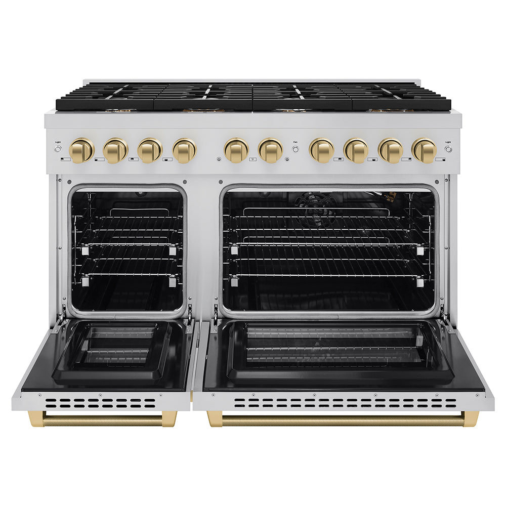ZLINE Autograph Edition 48 in. 6.7 cu. ft. Paramount Double Oven Gas Range with 8 Burner Cooktop in Stainless Steel and Champagne Bronze Helix Handles and Knob Accents (SGRZ-48-KCB) front, open.