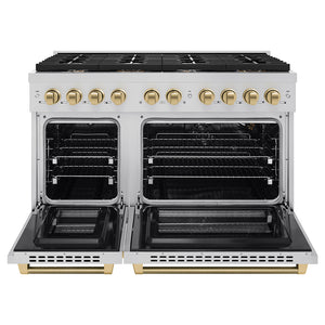 ZLINE Autograph Edition 48 in. 6.7 cu. ft. Paramount Double Oven Gas Range with 8 Burner Cooktop in Stainless Steel and Champagne Bronze Helix Handles and Knob Accents (SGRZ-48-KCB) front, open.