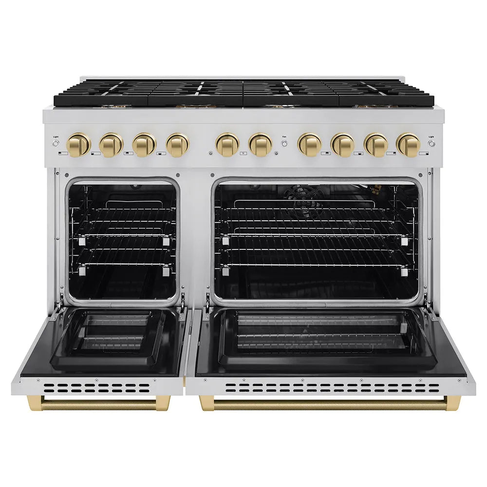 ZLINE Autograph Edition 48 in. 6.7 cu. ft. Paramount Double Oven Gas Range with 8 Burner Cooktop in Stainless Steel and Champagne Bronze Helix Handles and Knob Accents (SGRZ-48-KCB) front, open.