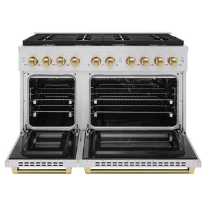 ZLINE Autograph Edition 48 in. 6.7 cu. ft. Paramount Double Oven Gas Range with 8 Burner Cooktop in Stainless Steel and Champagne Bronze Helix Handles and Knob Accents (SGRZ-48-KCB) front, open.