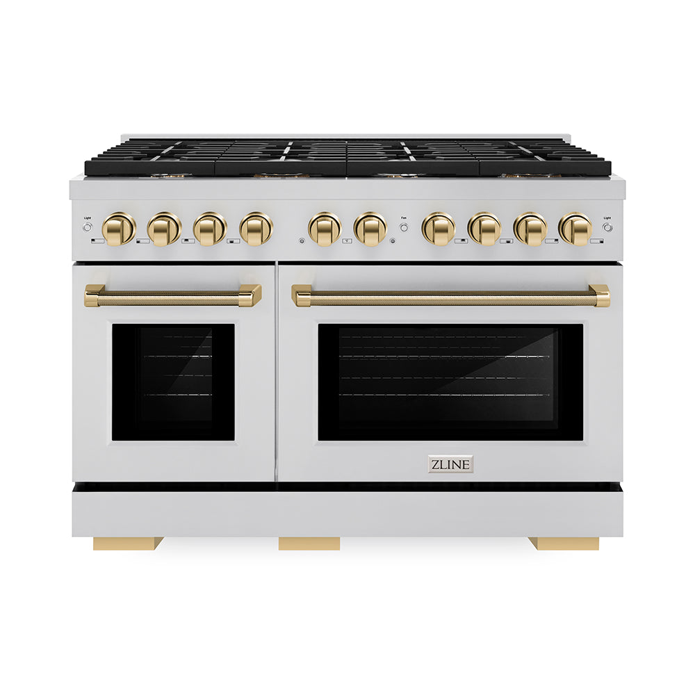 ZLINE Autograph Edition 48 in. 6.7 cu. ft. Paramount Double Oven Gas Range with 8 Burner Cooktop in Stainless Steel and Polished Gold Helix Handles and Knob Accents (SGRZ-48-KG)