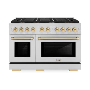 ZLINE Autograph Edition 48 in. 6.7 cu. ft. Paramount Double Oven Gas Range with 8 Burner Cooktop in Stainless Steel and Polished Gold Helix Handles and Knob Accents (SGRZ-48-KG)