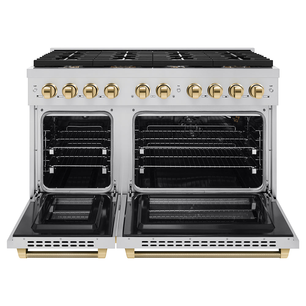 ZLINE Autograph Edition 48 in. 6.7 cu. ft. Paramount Double Oven Gas Range with 8 Burner Cooktop in Stainless Steel and Polished Gold Helix Handles and Knob Accents (SGRZ-48-KG) front, open.