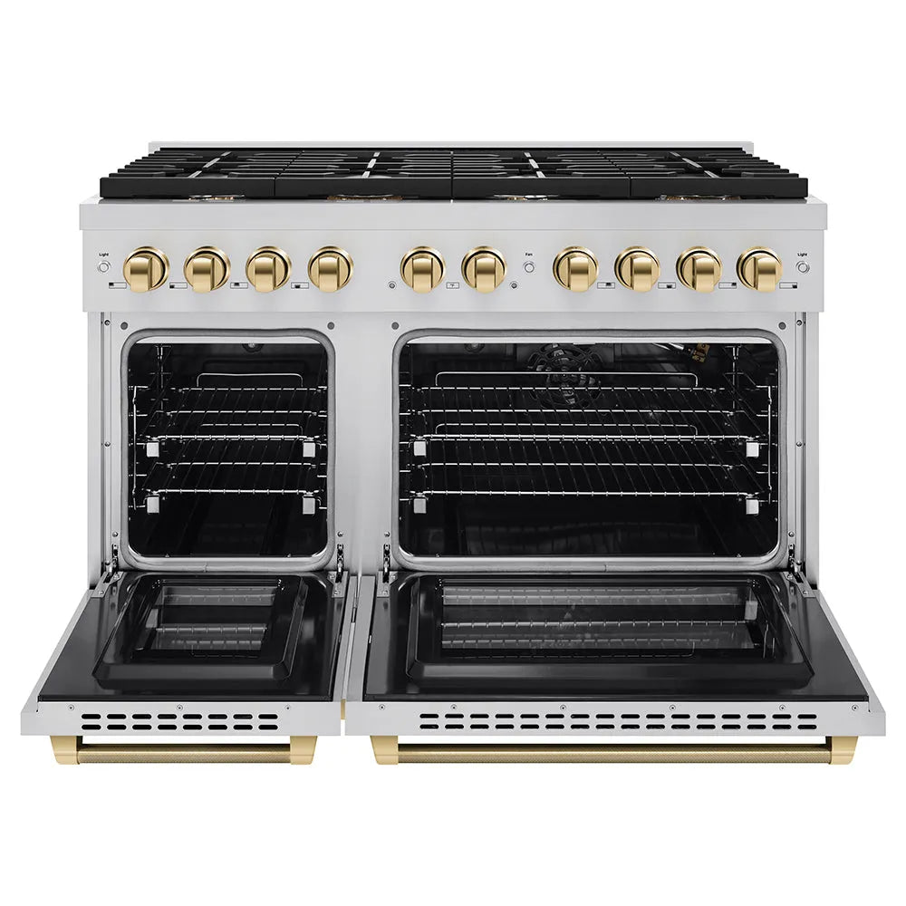ZLINE Autograph Edition 48 in. 6.7 cu. ft. Paramount Double Oven Gas Range with 8 Burner Cooktop in Stainless Steel and Polished Gold Helix Handles and Knob Accents (SGRZ-48-KG) front, open.