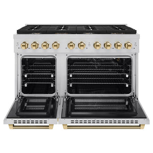 ZLINE Autograph Edition 48 in. 6.7 cu. ft. Paramount Double Oven Gas Range with 8 Burner Cooktop in Stainless Steel and Polished Gold Helix Handles and Knob Accents (SGRZ-48-KG) front, open.