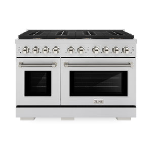 ZLINE Autograph Edition 48 in. 6.7 cu. ft. Paramount Double Oven Gas Range with 8 Burner Cooktop in Stainless Steel and Polished Nickel Helix Handles and Knob Accents (SGRZ-48-KPN)