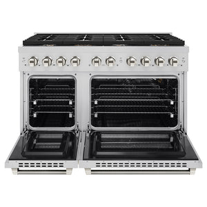 ZLINE Autograph Edition 48 in. 6.7 cu. ft. Paramount Double Oven Gas Range with 8 Burner Cooktop in Stainless Steel and Polished Nickel Helix Handles and Knob Accents (SGRZ-48-KPN) front, open.
