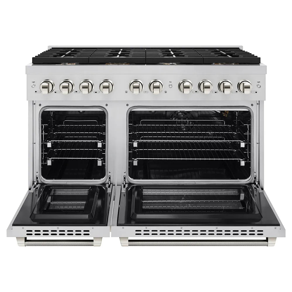 ZLINE Autograph Edition 48 in. 6.7 cu. ft. Paramount Double Oven Gas Range with 8 Burner Cooktop in Stainless Steel and Polished Nickel Helix Handles and Knob Accents (SGRZ-48-KPN) front, open.