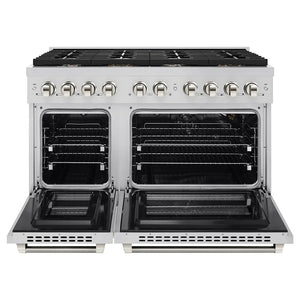 ZLINE Autograph Edition 48 in. 6.7 cu. ft. Paramount Double Oven Gas Range with 8 Burner Cooktop in Stainless Steel and Polished Nickel Helix Handles and Knob Accents (SGRZ-48-KPN) front, open.